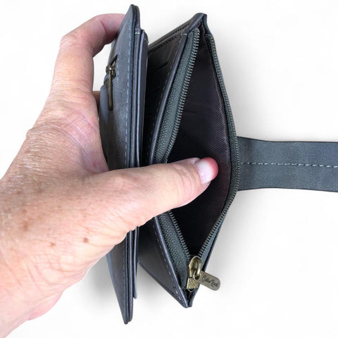 Medium GREY PU Leather Cotton Road Wallet with OUTSIDE ZIP Pocket