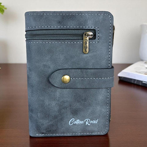 Medium GREY PU Leather Cotton Road Wallet with OUTSIDE ZIP Pocket