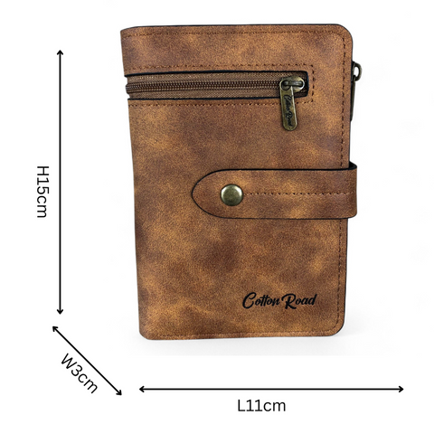 Medium KHAKI PU Leather Cotton Road Wallet with OUTSIDE ZIP Pocket