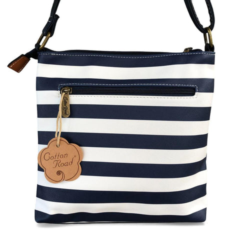 NAVY BLUE and WHITE PVC Cotton Road Sling Bag with STRIPES and TAN Trim detailing