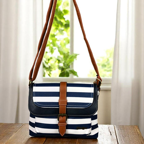 NAVY and WHITE PVC Cotton Road Sling Bag with STRIPES and TAN TRIM