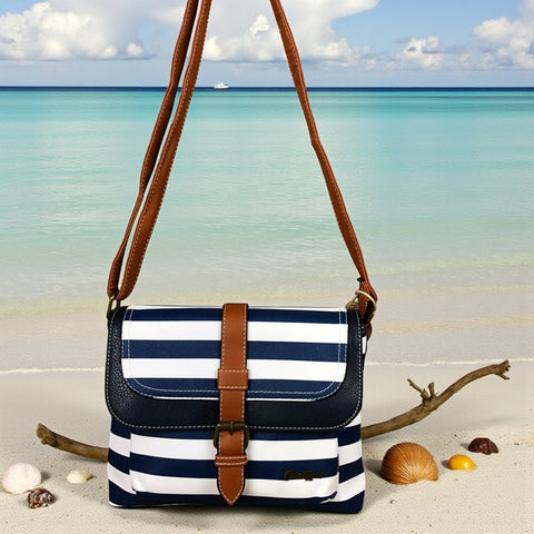 NAVY and WHITE PVC Cotton Road Sling Bag with STRIPES and TAN TRIM