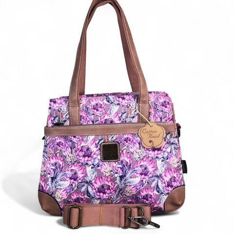 PINK CANVAS Cotton Road Handbag with PROTEAS and PU LEATHER TRIM