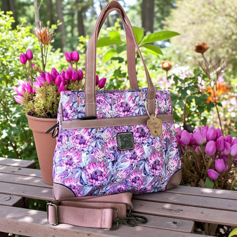 PINK CANVAS Cotton Road Handbag with PROTEAS and PU LEATHER TRIM
