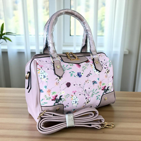 PINK Cotton Road PU Leather Barrel Handbag with FLORAL Panel