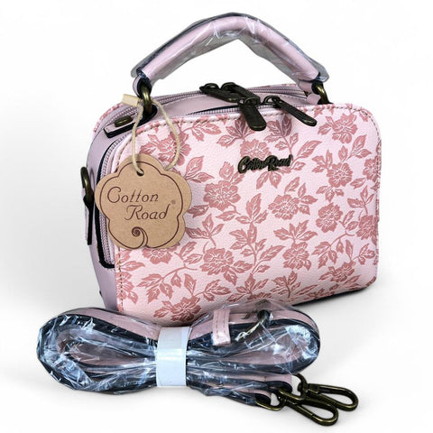 PINK Cotton Road PU Leather Handbag with FLORAL Panel