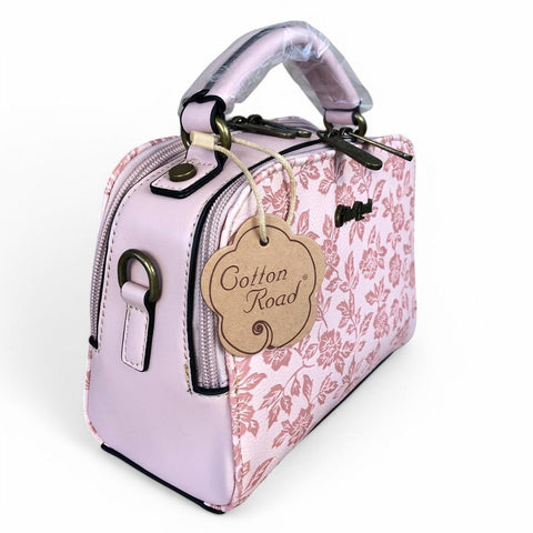 PINK Cotton Road PU Leather Handbag with FLORAL Panel