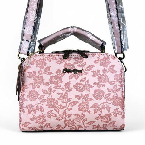 PINK Cotton Road PU Leather Handbag with FLORAL Panel
