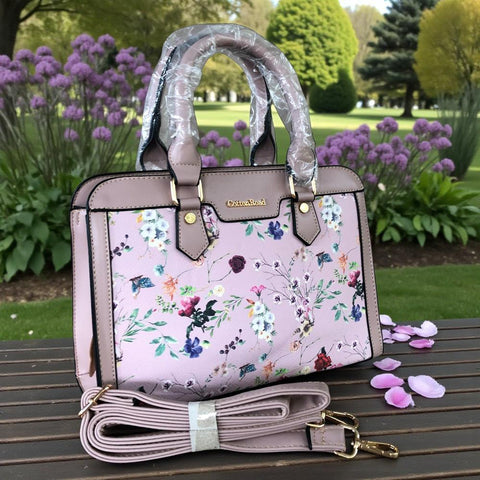 PINK Cotton Road PU Leather Handbag with FLORAL Panel
