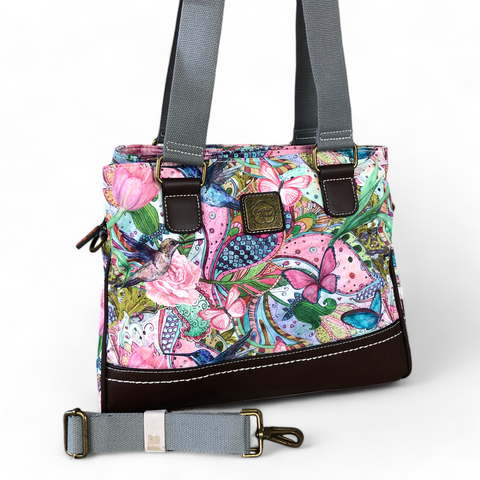 PINK FLORAL Cotton Road Canvas Handbag with BROWN PU Leather Trim