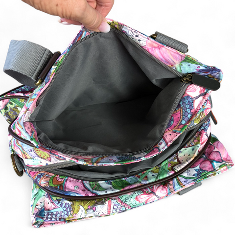 PINK FLORAL Cotton Road Canvas Handbag with BROWN PU Leather Trim