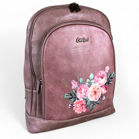 PINK PU Leather Cotton Road Backpack with FLORAL detailing