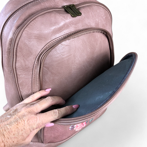 PINK PU Leather Cotton Road Backpack with FLORAL detailing