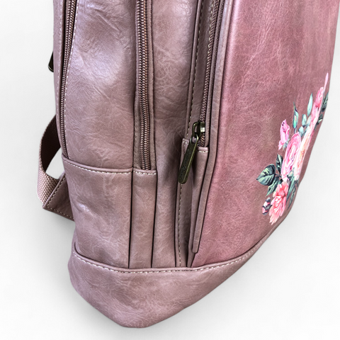 PINK PU Leather Cotton Road Backpack with FLORAL detailing