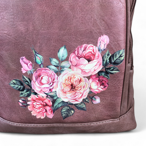 PINK PU Leather Cotton Road Backpack with FLORAL detailing