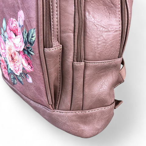 PINK PU Leather Cotton Road Backpack with FLORAL detailing