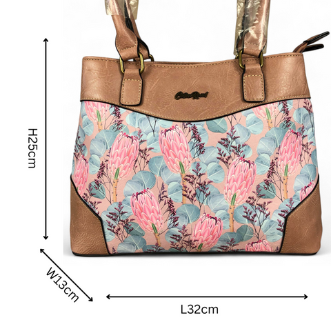 PINK PU Leather Cotton Road Handbag with PROTEA Panel and WALLET COMBO