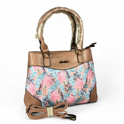 PINK PU Leather Cotton Road Handbag with PROTEA Panel and WALLET COMBO