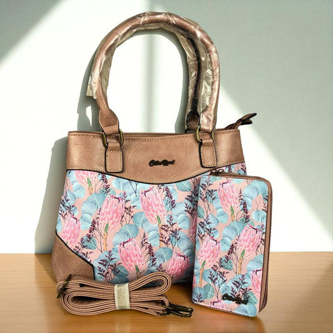 PINK PU Leather Cotton Road Handbag with PROTEA Panel and WALLET COMBO