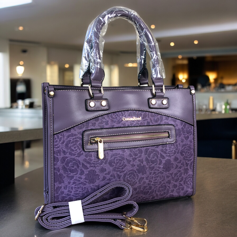 PU Leather PURPLE Floral Cotton Road Handbag