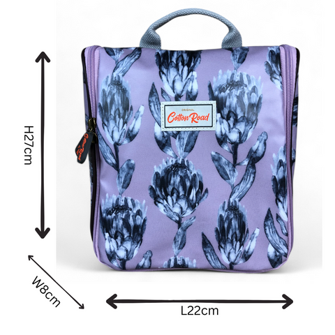 Cotton Road Travel Bag: PURPLE Protea Design PVC Foldaway WEEKENDER with Matching Vanity Bag