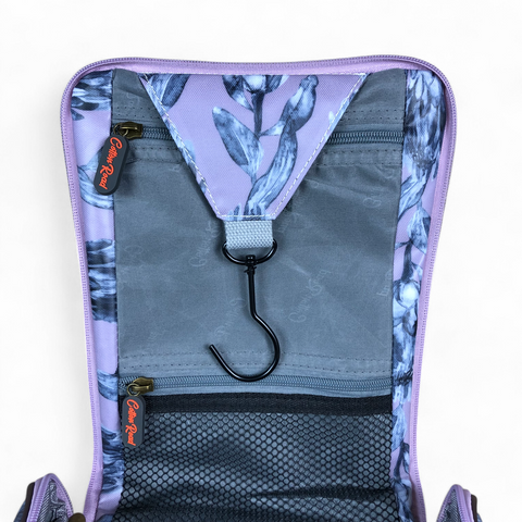 Cotton Road Travel Bag: PURPLE Protea Design PVC Foldaway WEEKENDER with Matching Vanity Bag