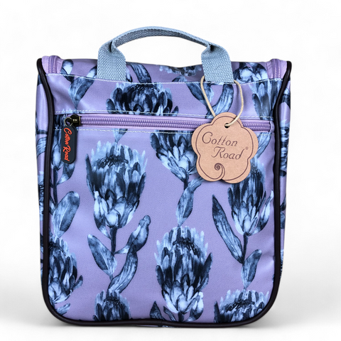 Cotton Road Travel Bag: PURPLE Protea Design PVC Foldaway WEEKENDER with Matching Vanity Bag