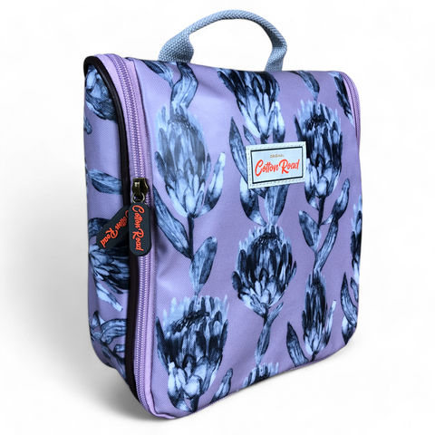 Cotton Road Travel Bag: PURPLE Protea Design PVC Foldaway WEEKENDER with Matching Vanity Bag