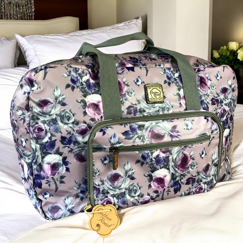 PURPLE FLORAL PVC Foldaway WEEKENDER Cotton Road Travel Bag
