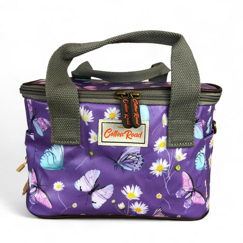 PURPLE PVC Cotton Road Lunch Box Cooler Bag with FLOWERS and BUTTERFLIES