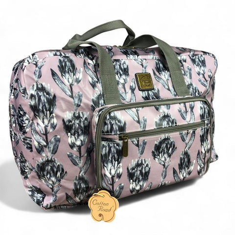 PURPLE PVC Foldaway WEEKENDER Cotton Road Travel Bag with GREY PROTEAS