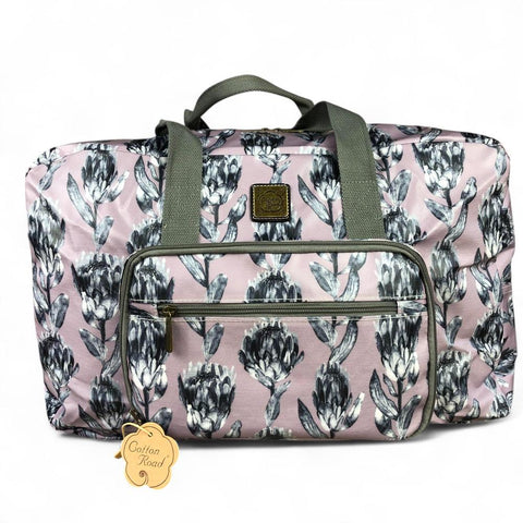 PURPLE PVC Foldaway WEEKENDER Cotton Road Travel Bag with GREY PROTEAS