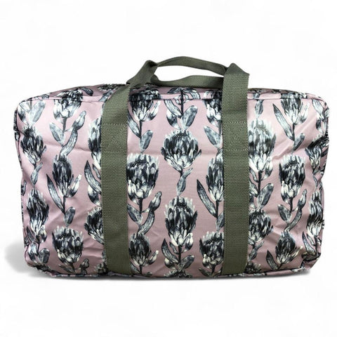 PURPLE PVC Foldaway WEEKENDER Cotton Road Travel Bag with GREY PROTEAS