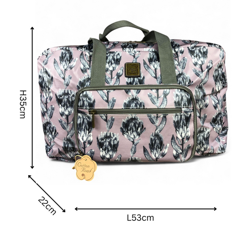 PURPLE PVC Foldaway WEEKENDER Cotton Road Travel Bag with GREY PROTEAS