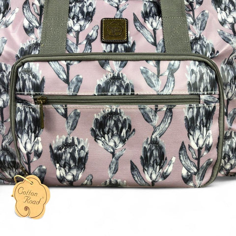 PURPLE PVC Foldaway WEEKENDER Cotton Road Travel Bag with GREY PROTEAS
