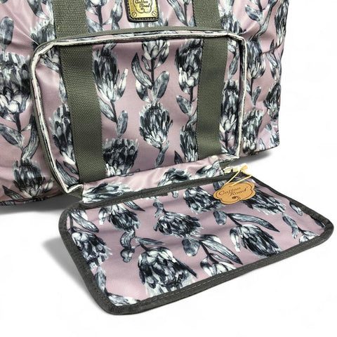 PURPLE PVC Foldaway WEEKENDER Cotton Road Travel Bag with GREY PROTEAS