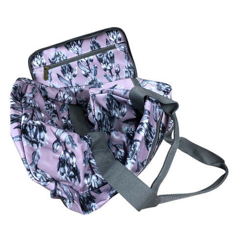 PURPLE PVC Foldaway WEEKENDER Cotton Road Travel Bag with GREY PROTEAS