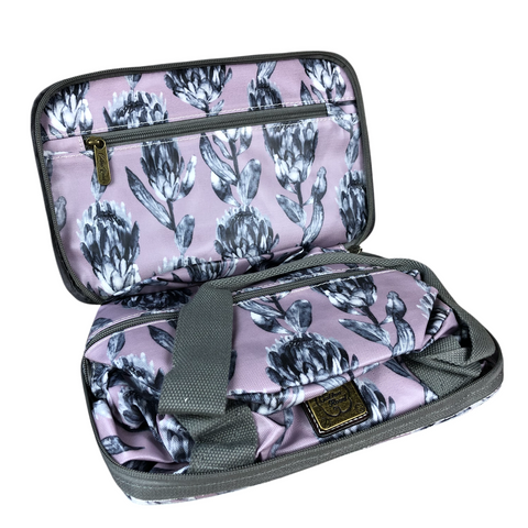 PURPLE PVC Foldaway WEEKENDER Cotton Road Travel Bag with GREY PROTEAS