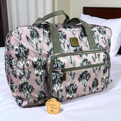 PURPLE PVC Foldaway WEEKENDER Cotton Road Travel Bag with GREY PROTEAS