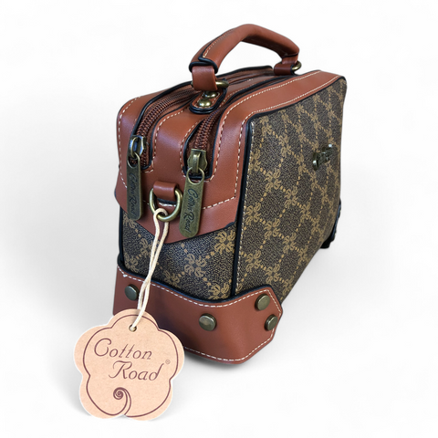 Printed BROWN Cotton Road PU Leather Sling Bag with TAN Trim