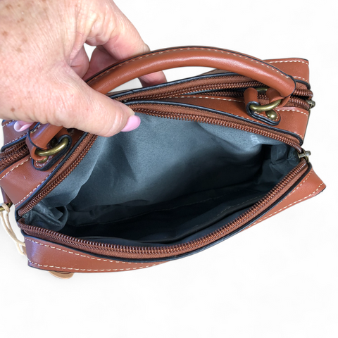 Printed BROWN Cotton Road PU Leather Sling Bag with TAN Trim