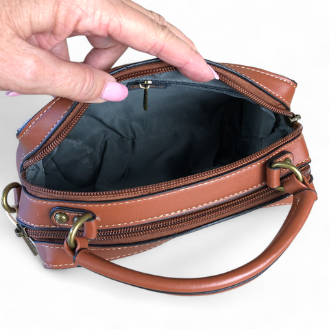 Printed BROWN Cotton Road PU Leather Sling Bag with TAN Trim