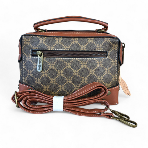 Printed BROWN Cotton Road PU Leather Sling Bag with TAN Trim