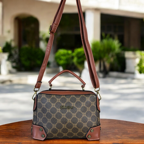 Printed BROWN Cotton Road PU Leather Sling Bag with TAN Trim