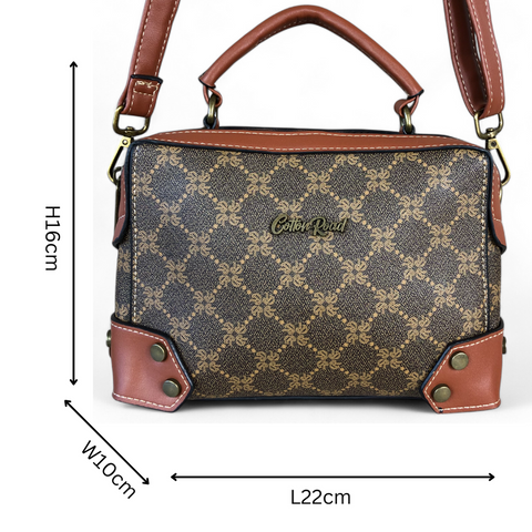Printed BROWN Cotton Road PVC Sling Bag with TAN Trim