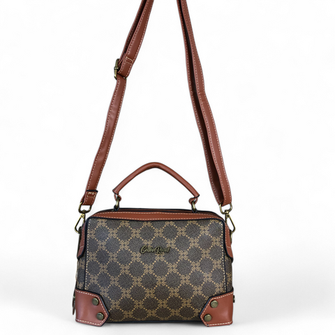 Printed BROWN Cotton Road PVC Sling Bag with TAN Trim