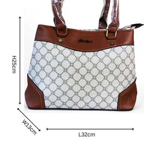 Printed IVORY PU Leather Cotton Road Handbag with TAN Trim
