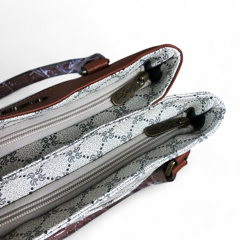 Printed IVORY PU Leather Cotton Road Handbag with TAN Trim