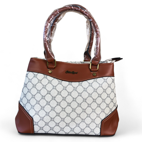 Printed IVORY PU Leather Cotton Road Handbag with TAN Trim