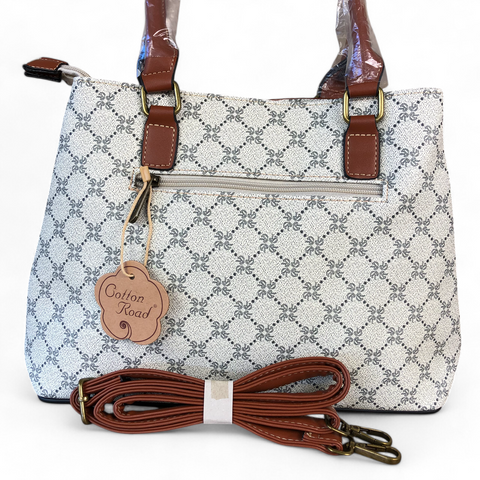 Printed IVORY PU Leather Cotton Road Handbag with TAN Trim
